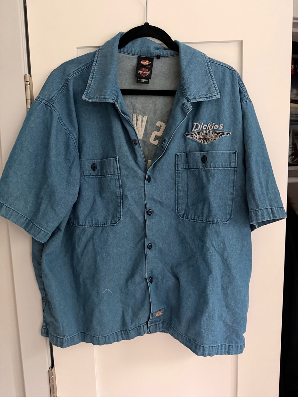 harley-davidson x dickies denim short sleeve button down work shirt - Picture 6 of 8